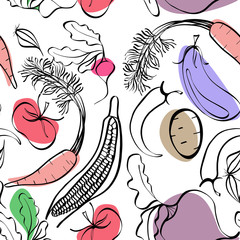 Beautiful bright graphic Scandinavian pattern of organic vegetables: potato, tomato, beetroot, shallot, eggplant, corn, carrot vector hand illustration. Perfect for greetings card, textile, menu