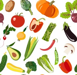 Beautiful bright graphic art vegetarian healthy  pattern of organic vegetables: potato, tomato, beetroot, shallot, eggplant, corn, carrot vector hand sketch. Perfect for greetings card, textile, menu