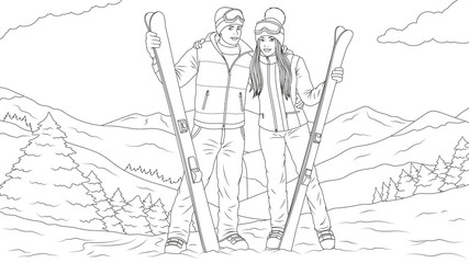 Man with a girl and skiing