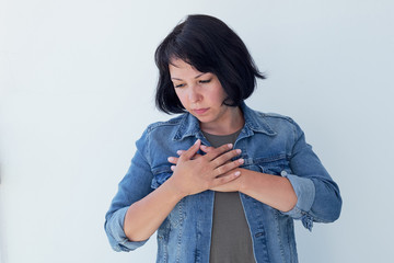 Breast cancer self check; healthy girl, woman healthy lifestyle medical awareness; woman breast...