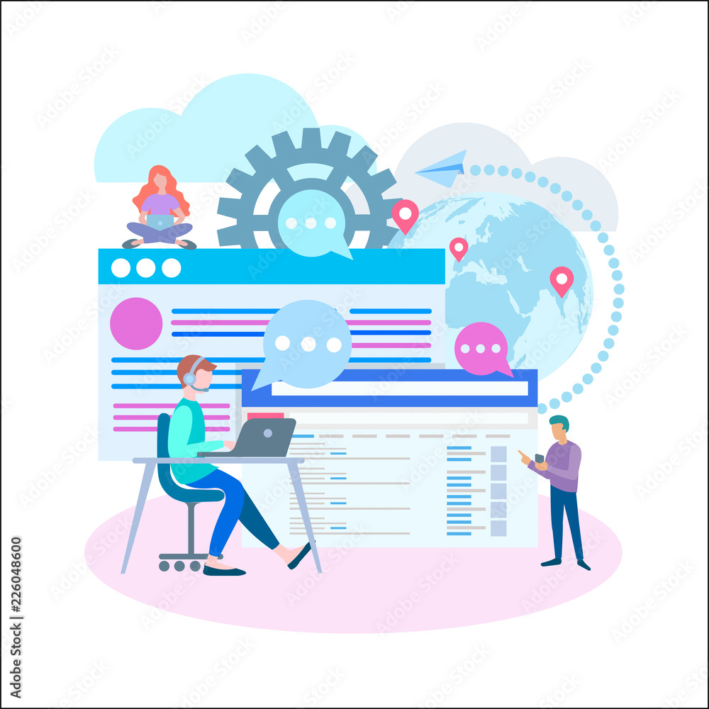 Wall mural marketers at work online at computers and mobile applications, seo concept optimization, internet se