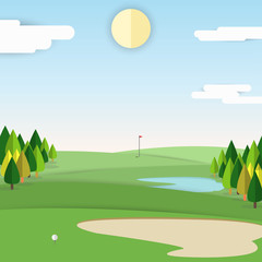 Golf ball on green hill of golf court with sunset sky background. Vector illustration.