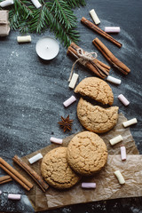 Winter background with  cinnamon, cookies  and marshmallow on dark background.