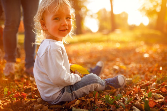 child boy in autumn park. The concept of childhood, family and kid