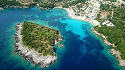 Aerial drone bird's eye view photo of famous sandy beach and small island of Agia Paraskevi with emerald clear sea, Thesprotia, Epirus, Greece
