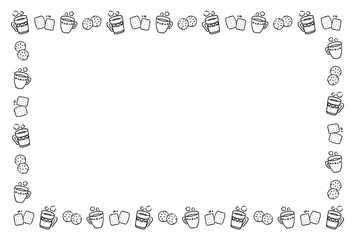 マグカップとお菓子のフレーム　手描き　白黒