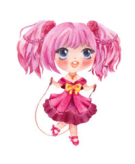 Obraz na płótnie Canvas Cute little girl jumping with rope. Vector hand-drawn manga style chara