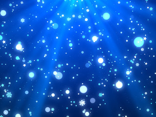 Snowflakes, stars, bokeh and shine lights Christmas background, blue theme.