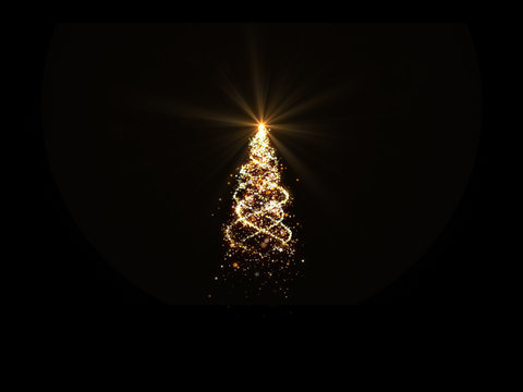 Gold Christmas tree lights with snowflakes and stars on black background for overlay.