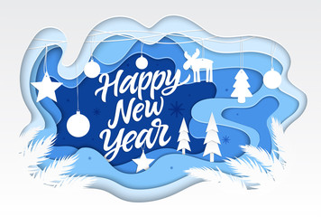 Happy New Year - modern vector paper cut illustration
