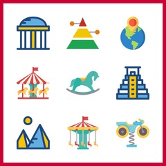 9 attraction icon. Vector illustration attraction set. pyramid and temple icons for attraction works