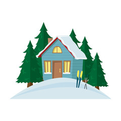 Obraz na płótnie Canvas Winter mountain landscape background with country house. Isolated Flat Vector Illustration. Christmas season.