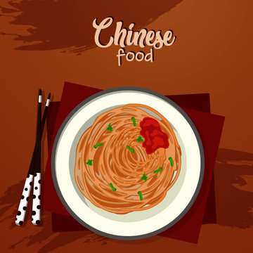 spaghetti with tomato sauce , basil and chopsticks on white plate.