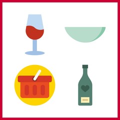 4 wine icon. Vector illustration wine set. shopping basket and watch glass icons for wine works