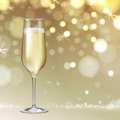 Realistic vector illustration of champagne glass on blurred holiday golden sparkle background