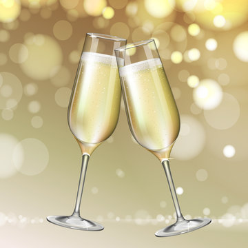 Realistic vector illustration of champagne glass on blurred holiday golden sparkle background