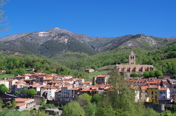 Village de Prats de Mollo dans les pyrénées orientales avec fleurs au printemps