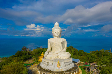 areial view white cloud in blue sky at Phuket big Buddha. .Phuket Big Buddha is one of the island most important and revered landmarks on the island.