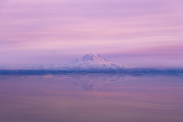 Pink sunset light on Mount Rainier Reflection, 