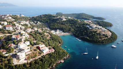 Fototapeta na wymiar Aerial drone bird's eye view photo of iconic paradise sandy beaches with turquoise sea in complex islands of Agios Nikolaos and Mourtos in Sivota area, Ionian sea, Epirus, Greece