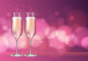 Realistic vector illustration of champagne glass on blurred holiday pink sparkle background