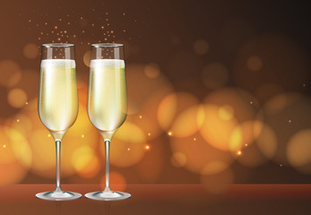 Realistic vector illustration of champagne glass on blurred holiday golden sparkle background