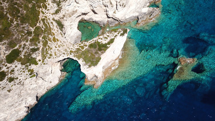 Aerial drone photo of beautiful tropical rocky seascape with emerald crystal clear waters located in Ionian islands, Greece