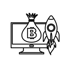 computer money bag and rocket launching