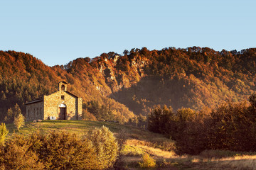 Church on the Passo del Cirone, mountain pass in the apennines, Italy. C 1240 metres above sea...