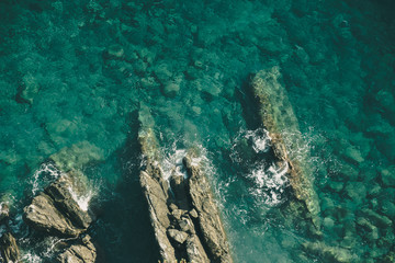 birds view on coast with green water and rocks