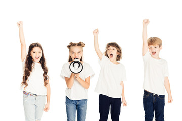 Obraz premium excited children screaming with raised hands and megaphone on protest isolated on white