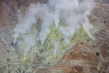 Owakudani is geothermal valley with active sulfur vents and hot springs in Hakone