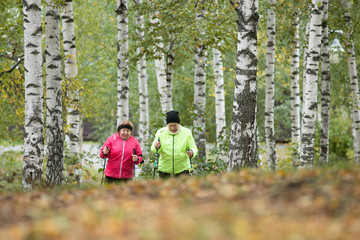 Fototapeta premium Old women throwing leaves into the air in an autumn park. Going upwards