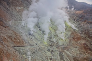 Owakudani is geothermal valley with active sulfur vents and hot springs in Hakone