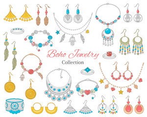 Fashionable boho jewelry accessories collection, vector illustration.