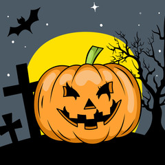 halloween background with pumpkins and bats. Moon in the night.
