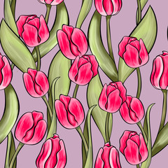 Seamless background with colorful tulips. Pink tulips.