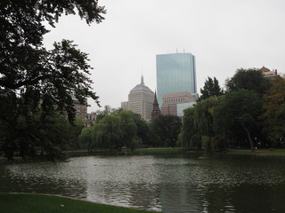 Boston Public Garden mit Blick auf die Hochhäuser