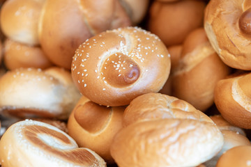 Breads and baked goods close-up. Fresh challah bread for shabbat. Bakery bun,bread roll background.