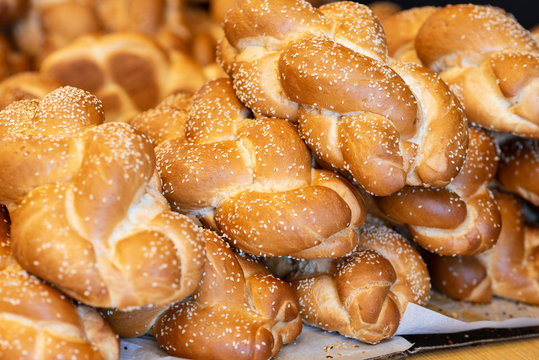Breads and baked goods close-up.Fresh challah bread for shabbat