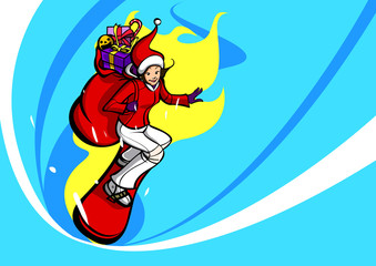 Side profile of a woman in a Santa costume snowboarding with a sack of Christmas presents on her back