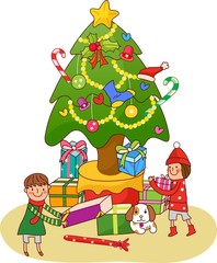 Boy and a girl standing near a Christmas tree and holding Christmas presents