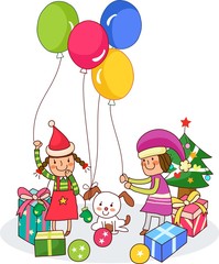 Obraz na płótnie Canvas Two girls playing with balloons near Christmas presents