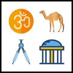 east vector icons set. compass, temple, camel and om in this set.