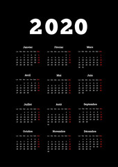 2020 year simple calendar on french language, A4 size vertical sheet on dark background