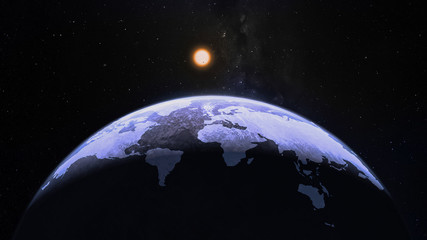 Blue world map silhouette dome semisphere on the planet Earth in an outer space, collage. The elements of this image furnished by NASA.