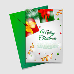 Christmas cards with boxes, ribbons and Christmas tree