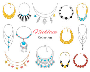 Women's  fashionable necklace collection, vector illustration.