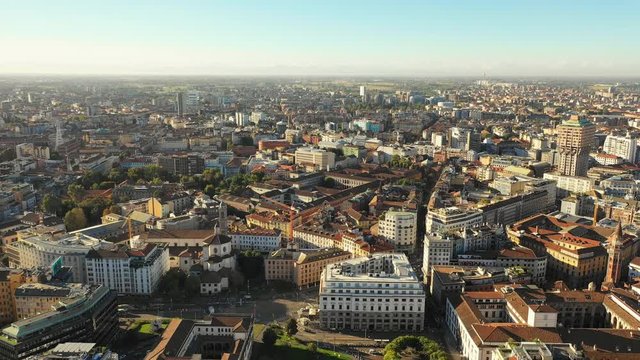 Aerial panoramic view of cityscape of Milan, landscape panorama of Italy from above, Europe