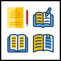 4 library icon. Vector illustration library set. open book and studying icons for library works